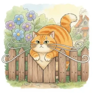 A cute cartoon of a cat with its head poking through a fence, its whiskers flared out wide to measure if its body can fit through the gap.
