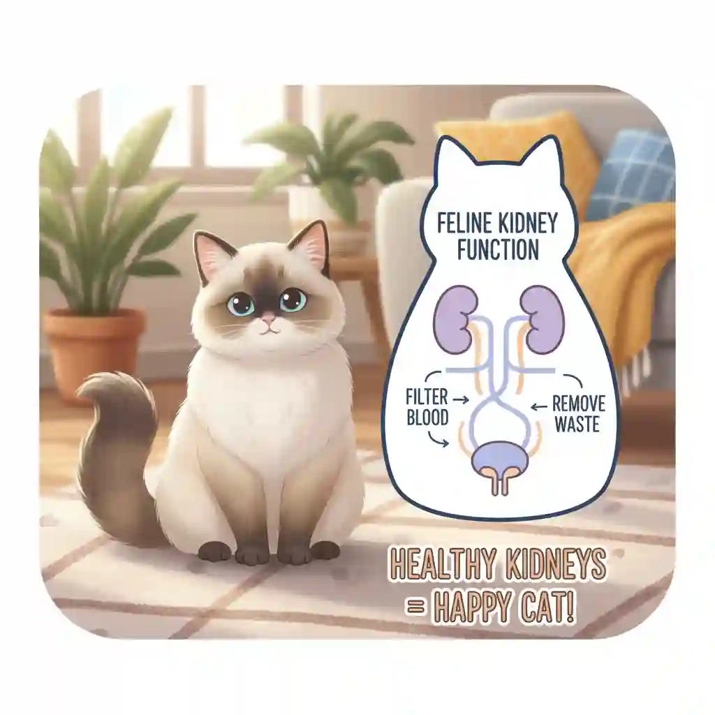 A gentle, fluffy cartoon Ragdoll cat sitting beside a simplified, clearly labeled diagram highlighting the importance of kidney function in felines.