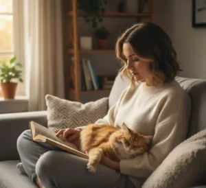 A person relaxing on a sofa reading a book with a cat sleeping peacefully on their lap, depicting the quiet, therapeutic nature of pet companionship.
