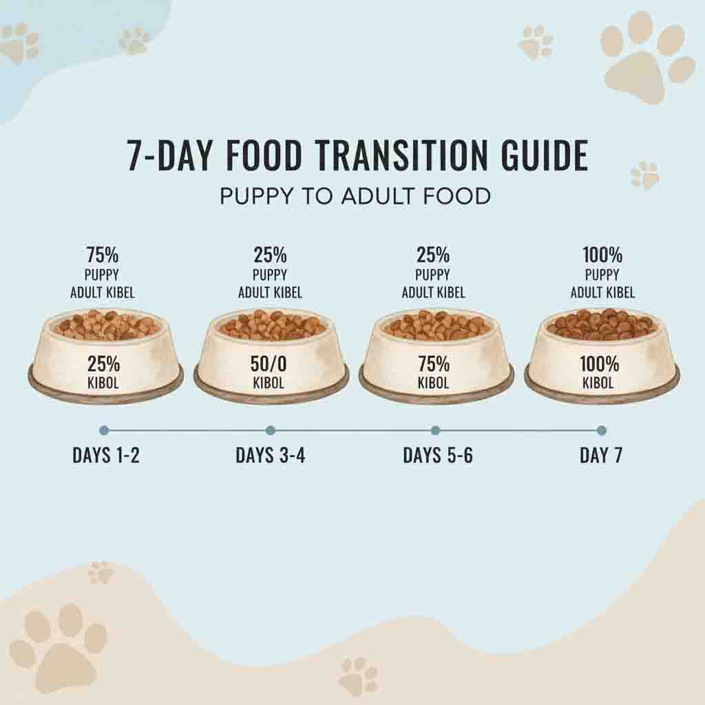 A visual guide showing four bowls with the gradual transition from puppy food to adult dog food over a 7-day period, illustrating the mixing ratios.