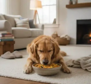 A relaxed medium-sized dog eating a warm, soothing homemade meal from a ceramic bowl in a cozy living room.