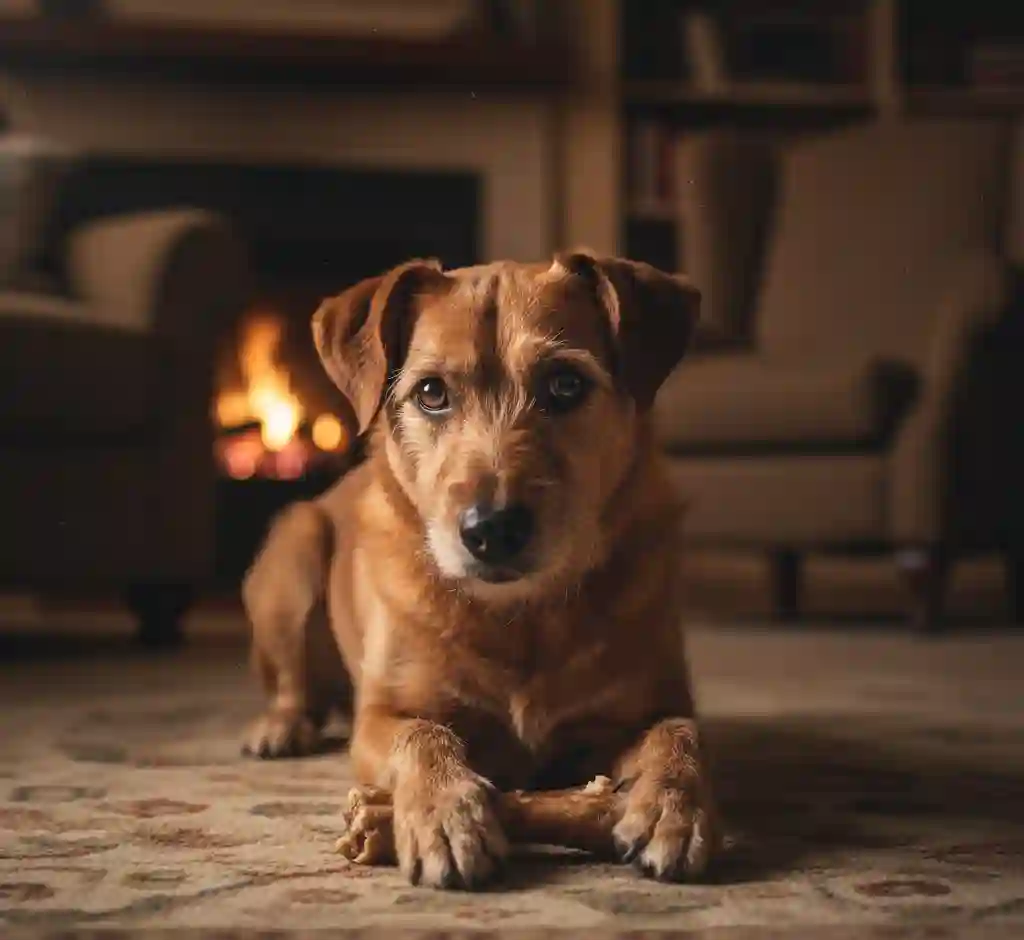A dog exhibiting classic signs of resource guarding over a bone, including a stiff body posture and whale eye, indicating food aggression.