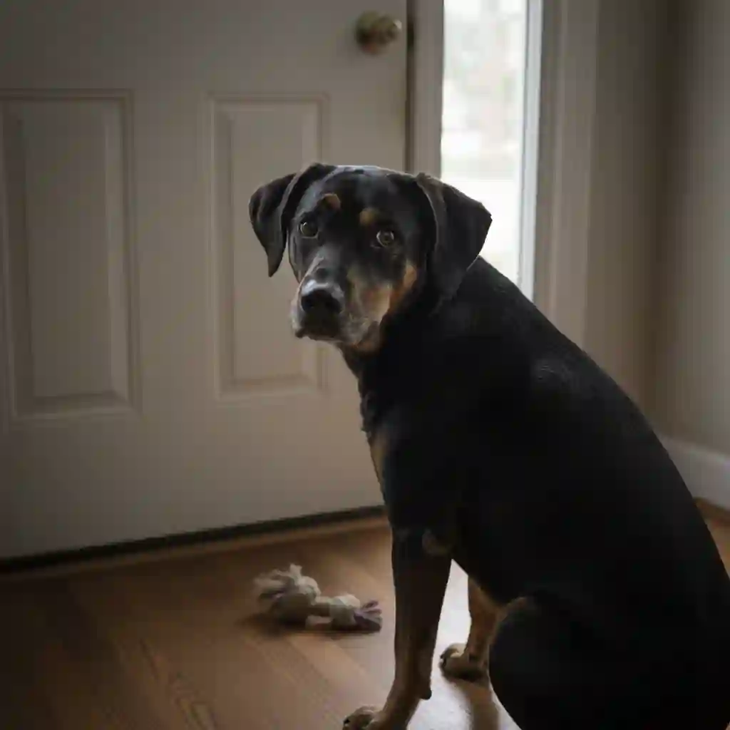 A worried dog sitting by the front door exhibiting signs of separation anxiety like pinned ears and wide eyes.