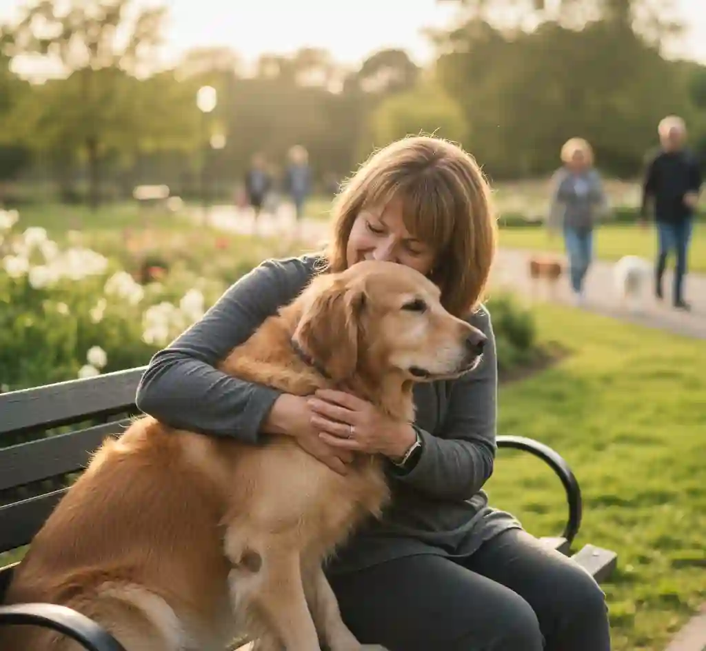 A candid, heartwarming photo of a person gently hugging a dog, illustrating mutual affection and the bond's stress-reducing effect.