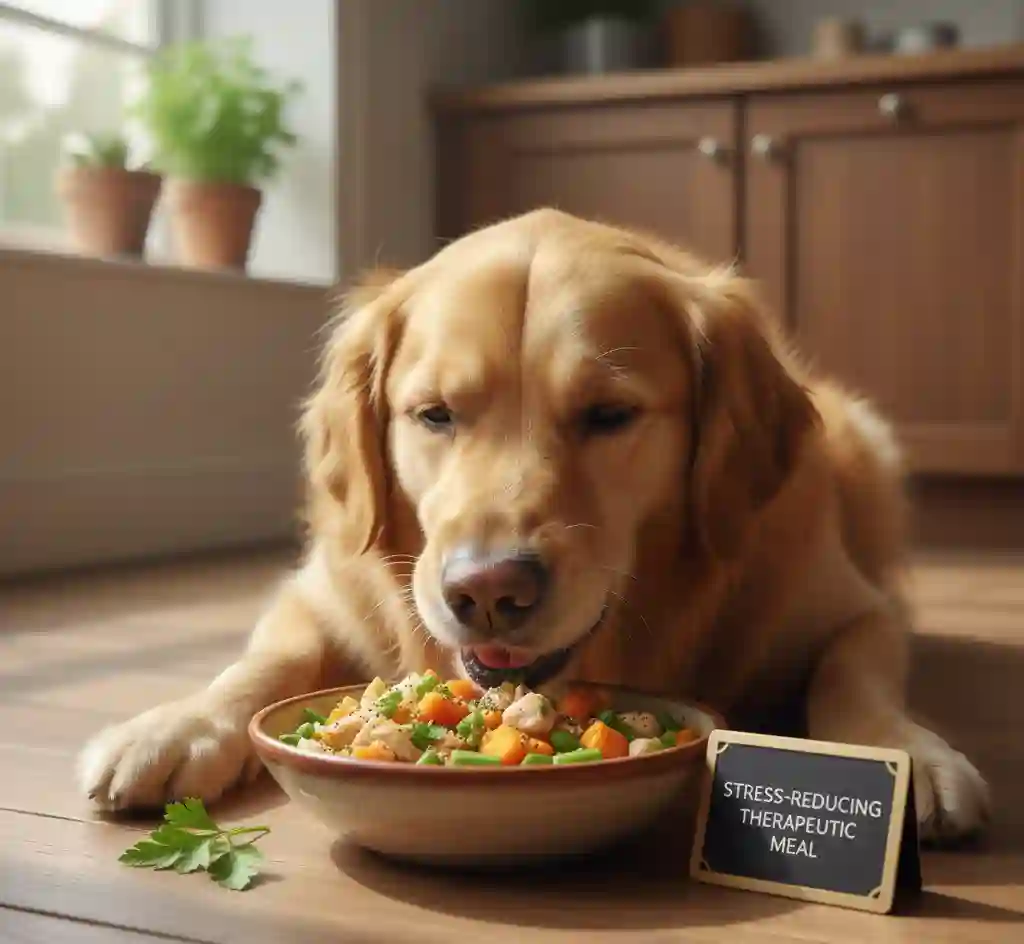A happy, relaxed Golden Retriever calmly eating a homemade therapeutic meal rich in stress-reducing ingredients.