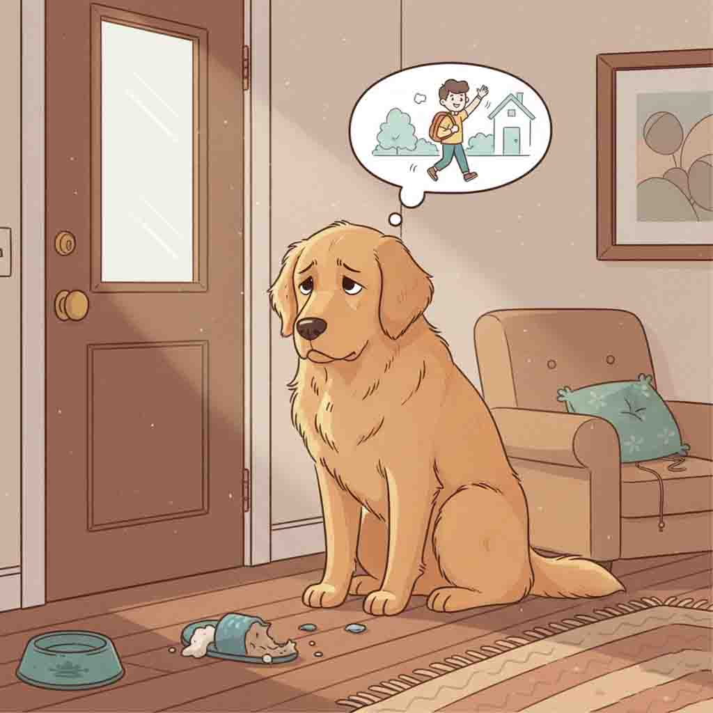 A cartoon depicting a sad dog sitting by a front door with a thought bubble above its head showing its owner leaving. The room shows subtle signs of stress like a slightly chewed slipper.