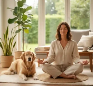 Person practicing mindfulness meditation with a calm golden retriever in a peaceful home setting