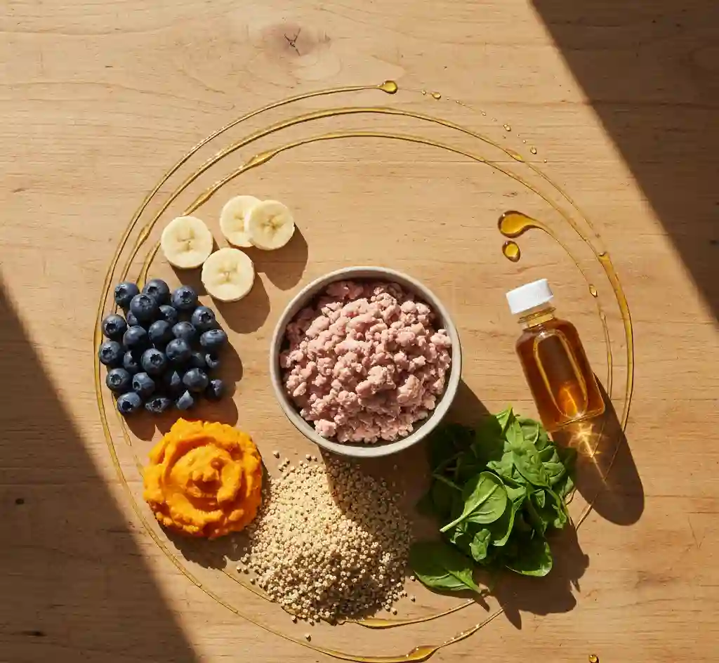 A top-down flat lay of mood-supporting pet food ingredients: fresh blueberries, a banana, ground turkey, quinoa, pumpkin puree, spinach, and salmon oil, arranged neatly on a wooden table.