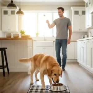 A pet owner practicing the desensitization technique by tossing treats to a dog while it eats to cure food aggression safely.