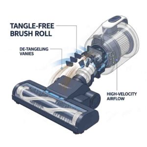 A close-up, cutaway diagram of a vacuum cleaner head, highlighting a tangle-free brush roll mechanism designed to prevent pet hair from wrapping around it.