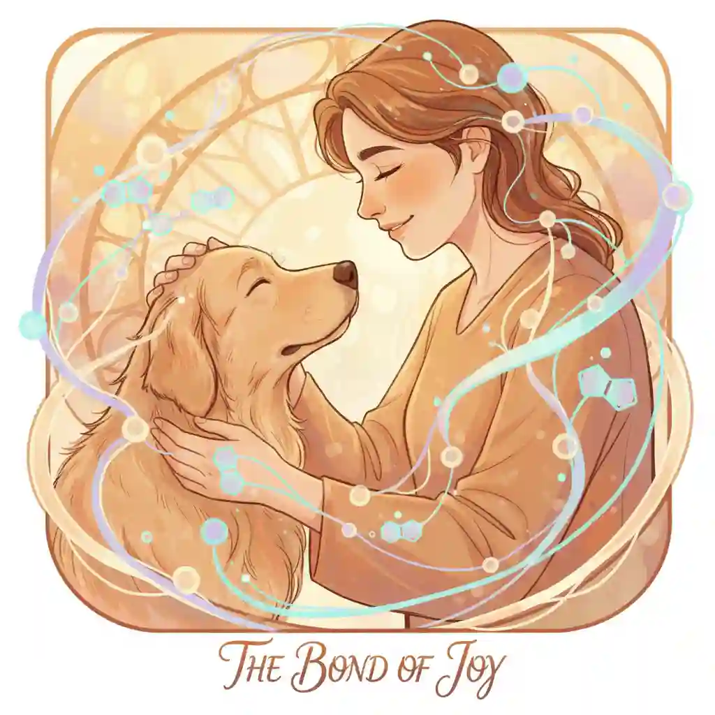 A conceptual, warm illustration showing a person gently petting a dog, with stylized neural pathways and oxytocin molecules glowing in the space between them, symbolizing the neurochemical connection.