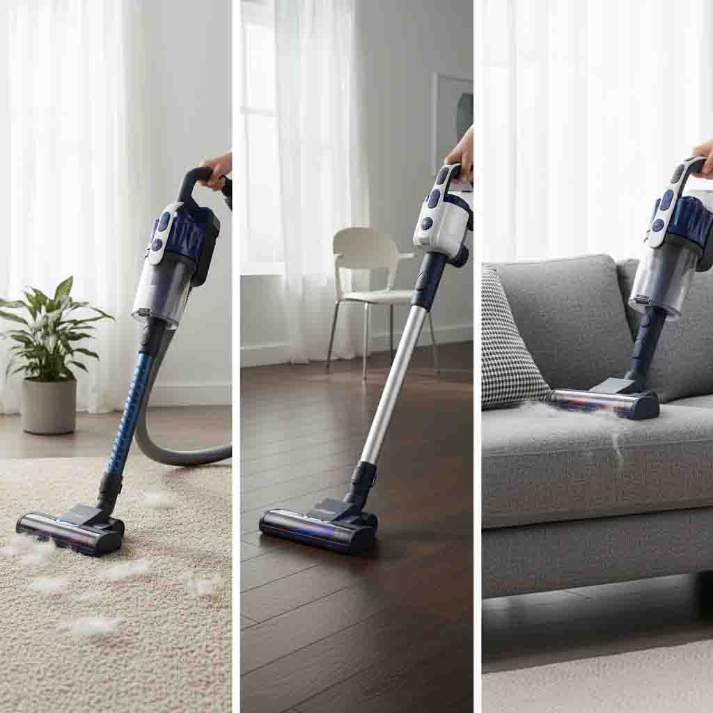 A clean composite image showing three types of vacuums suited for pet hair: an upright vacuum on a carpet, a cordless stick vacuum on hardwood floor, and a handheld vacuum on a sofa.