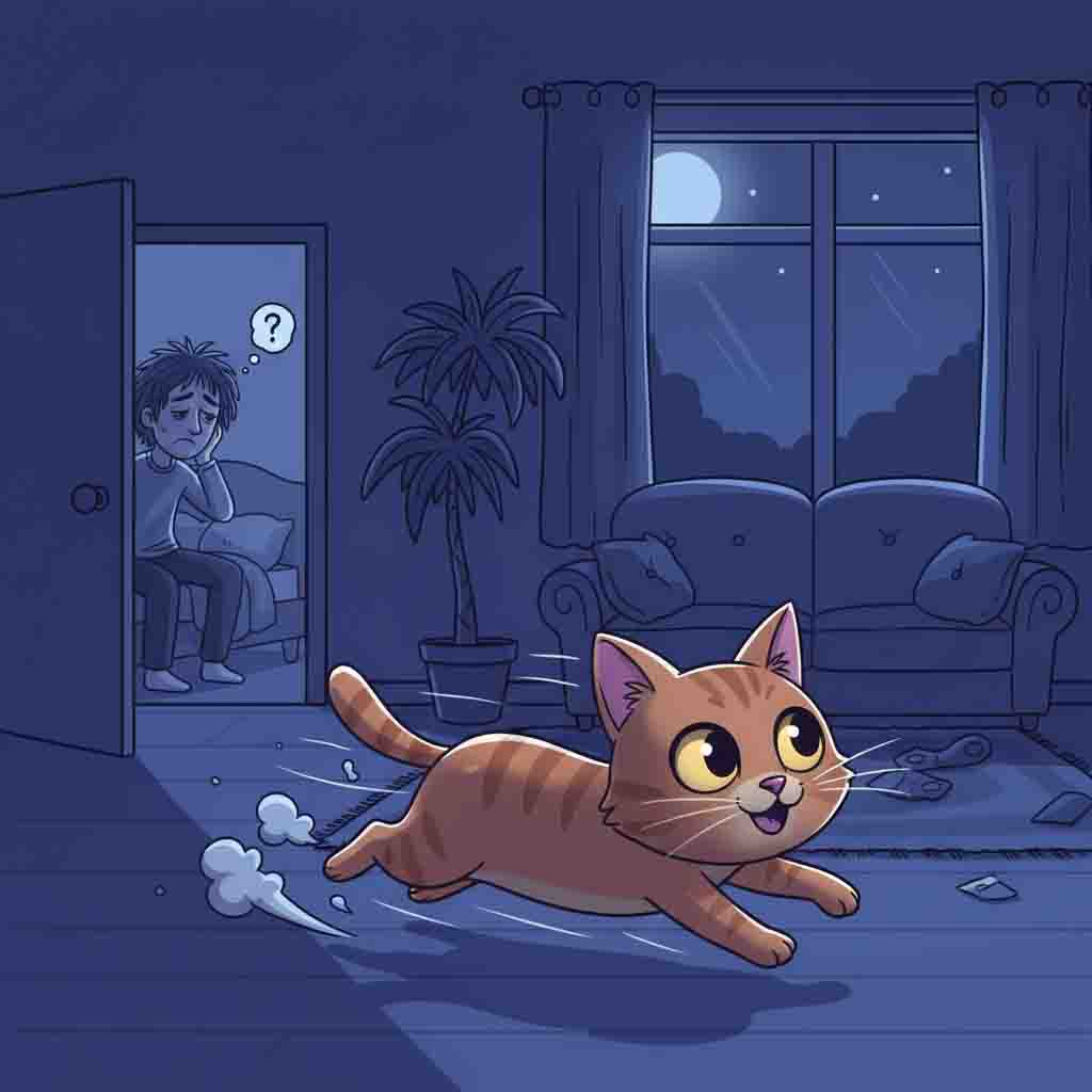 A cute cartoon of a cat with a mischievous expression, running at high speed with little dust clouds behind it, in a dark living room at night with a sleepy owner peeking from a bedroom door.