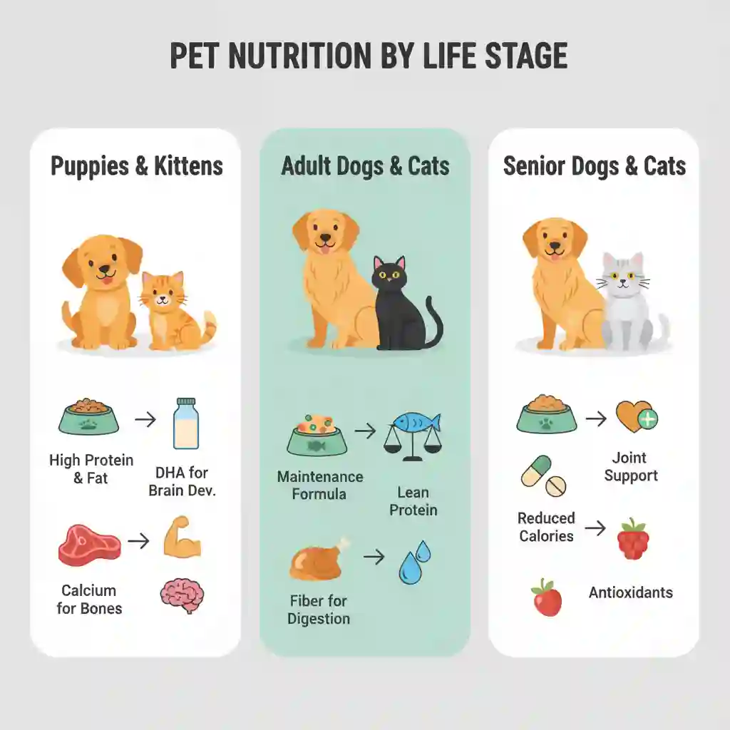 A visual comparison showing appropriate food types for puppies/kittens, adult pets, and senior dogs/cats, with icons representing their different nutritional needs.