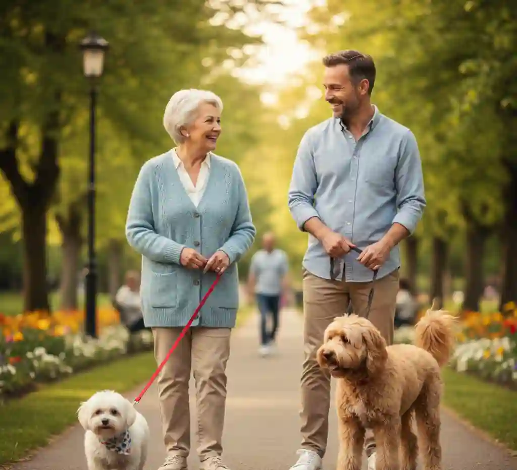Senior woman smiling while walking her small dog in the park, chatting with another dog owner