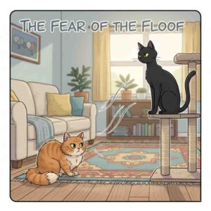 A cartoon showing two cats in a living room, one looking tense near the couch while the other stares from a distance, illustrating subtle social tension in a multi-cat home.