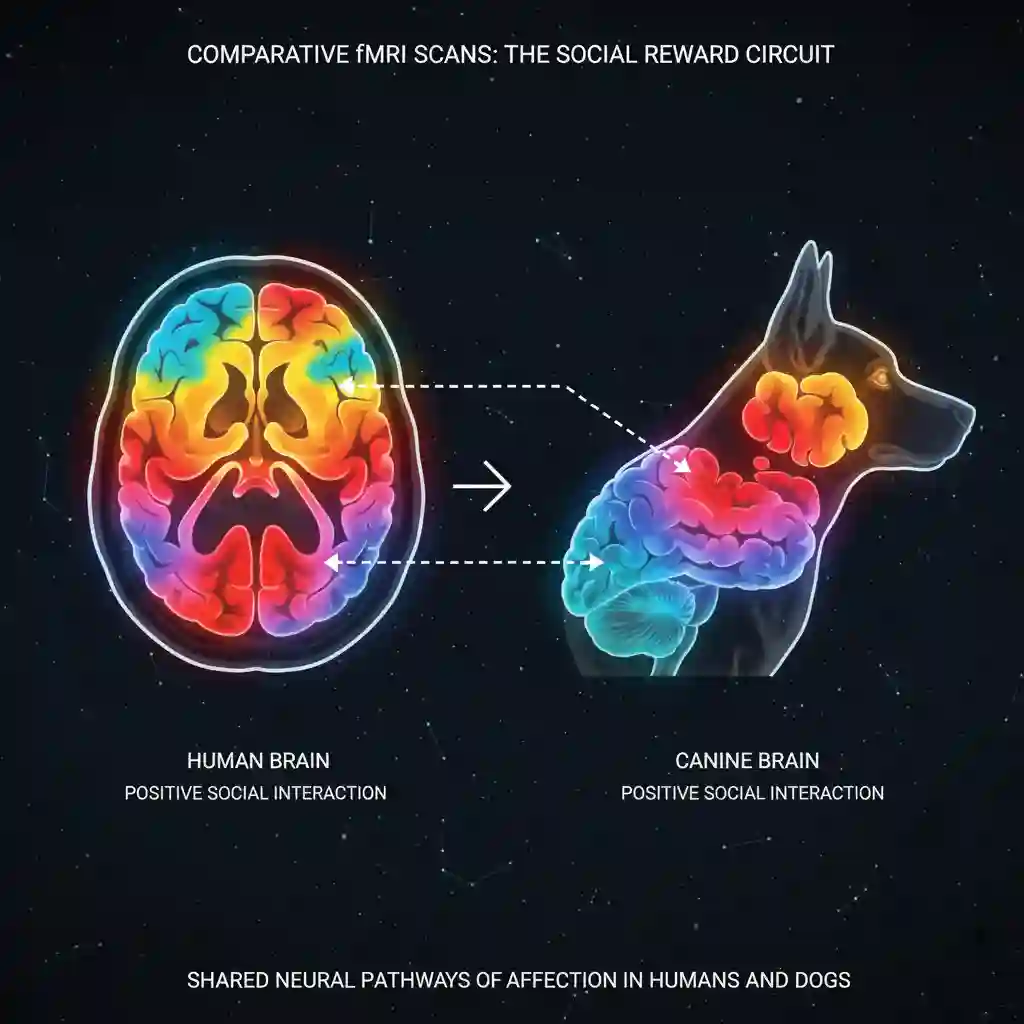 Comparative fMRI brain scans showing similar activation patterns in reward centers of both human and canine brains during positive social interactions, with color-coded neural activity highlights.