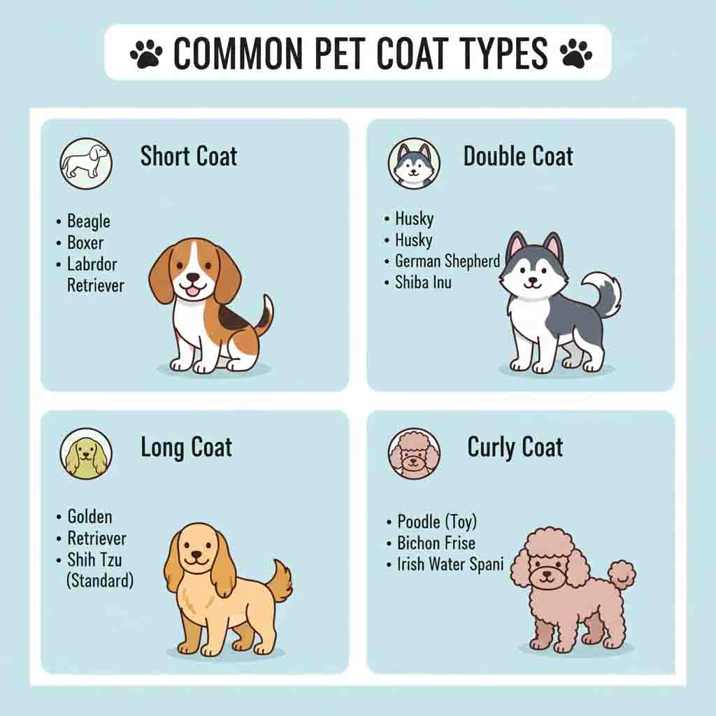 A friendly cartoon chart showing four common pet coat types: short, double, long, and curly, with simple icons and breed examples.