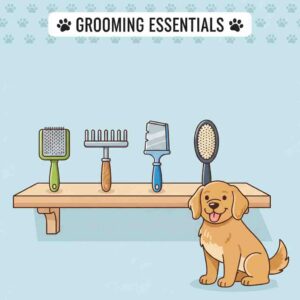 A cheerful cartoon lineup of the four main grooming tools (slicker brush, undercoat rake, deshedding tool, bristle brush) on a shelf, with a happy, well-groomed dog sitting next to them.