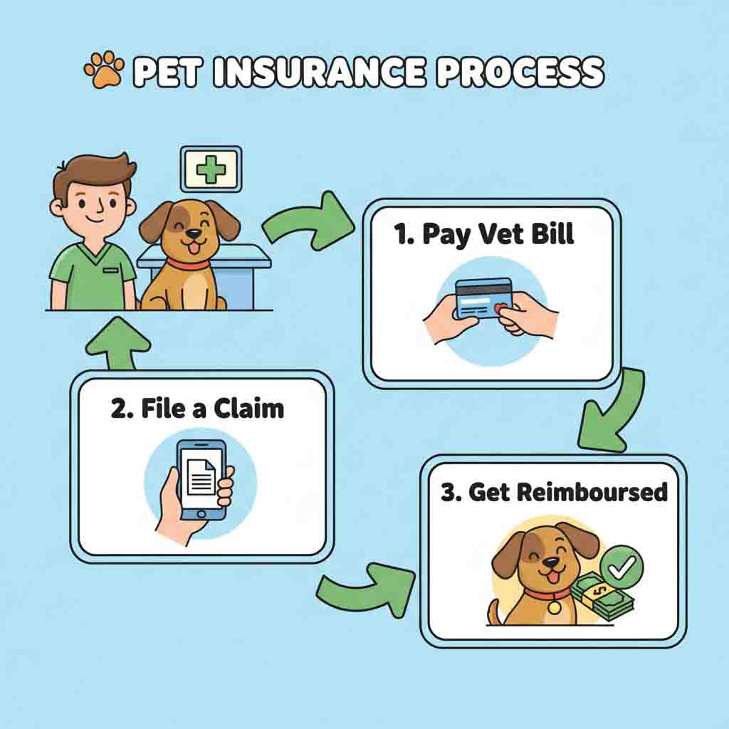 A friendly cartoon flowchart showing the 3-step pet insurance process: 1. Pay Vet Bill, 2. File a Claim, 3. Get Reimbursed, with a person and a dog at the vet.