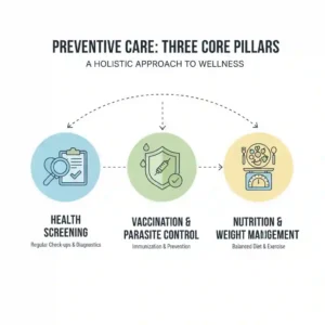 A clean, professional infographic illustrating the three core pillars of preventive care: Health Screening, Vaccination & Parasite Control, and Nutrition & Weight Management, with connecting icons showing their interdependence.