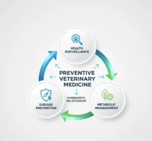 A professional infographic diagram illustrating the three interconnected pillars of preventive veterinary medicine: Health Surveillance, Disease Prevention, and Metabolic Management, with connecting arrows showing their synergistic relationship.