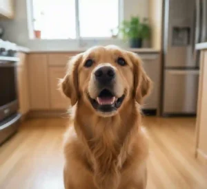 A healthy, alert Golden Retriever waiting for its meal, symbolizing recovery from digestive upset.