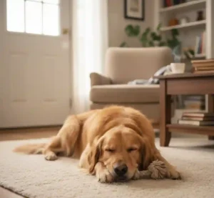 A calm dog sleeping peacefully on a rug while home alone, demonstrating successful separation anxiety training.
