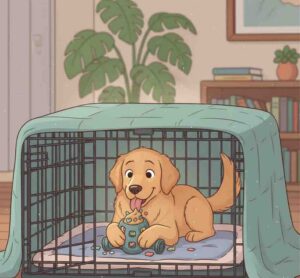 A cheerful cartoon of a dog contentedly licking a food puzzle toy stuffed with frozen treats, looking calm and engaged in a cozy crate.