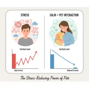 A clean, infographic-style diagram comparing a stressed person with high cortisol levels to a calm person interacting with a pet, showing a graph of cortisol levels decreasing.