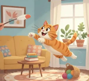 Cartoon illustration cat jumping playing feather wand toy
