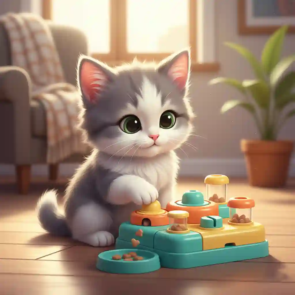 Cartoon illustration kitten playing with puzzle treat toy