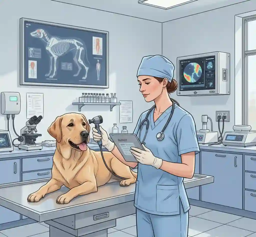 A detailed illustration showing a veterinary surgeon conducting a comprehensive health assessment on a Labrador Retriever in a modern clinical setting, with diagnostic charts and equipment visible in the background.