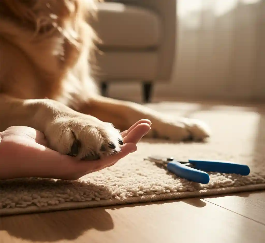 A gentle grooming setup showing a dog's black nails and clippers, emphasizing a calm environment.