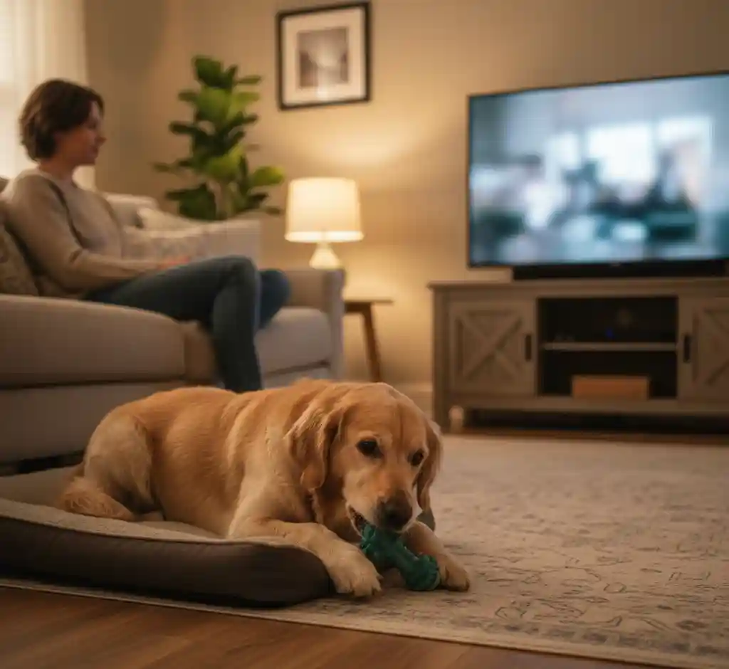 A trained dog relaxing on a bed while the owner watches TV, demonstrating successful extinction of demand barking.