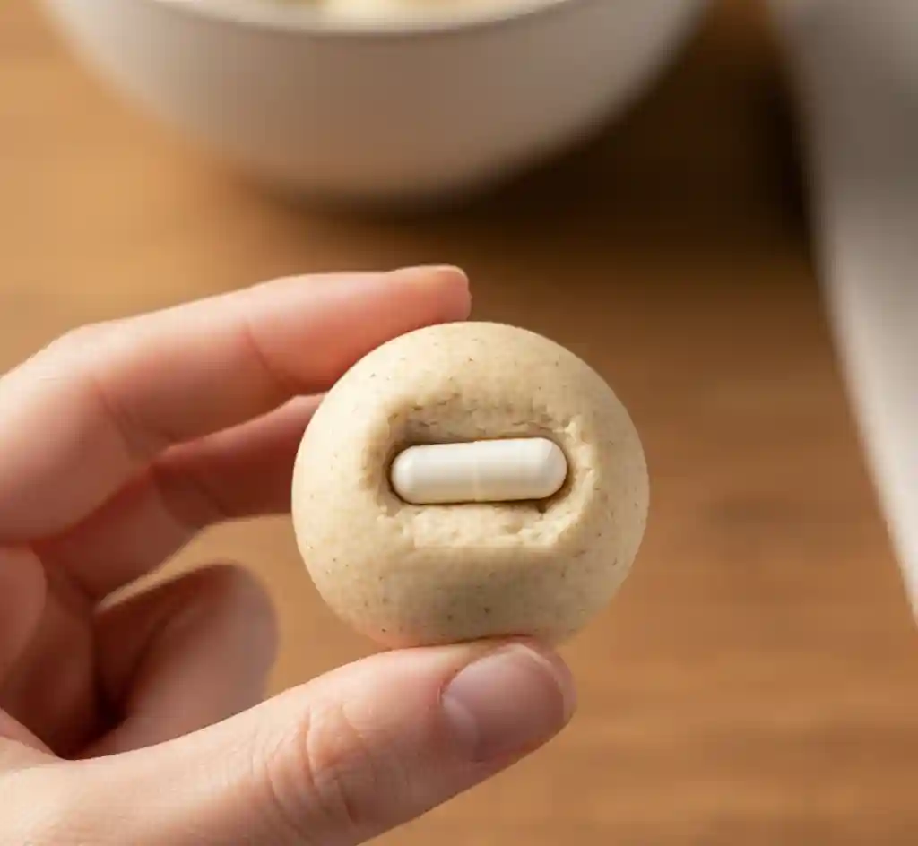 Demonstrating how to hide a pill inside a homemade dough treat for dogs.