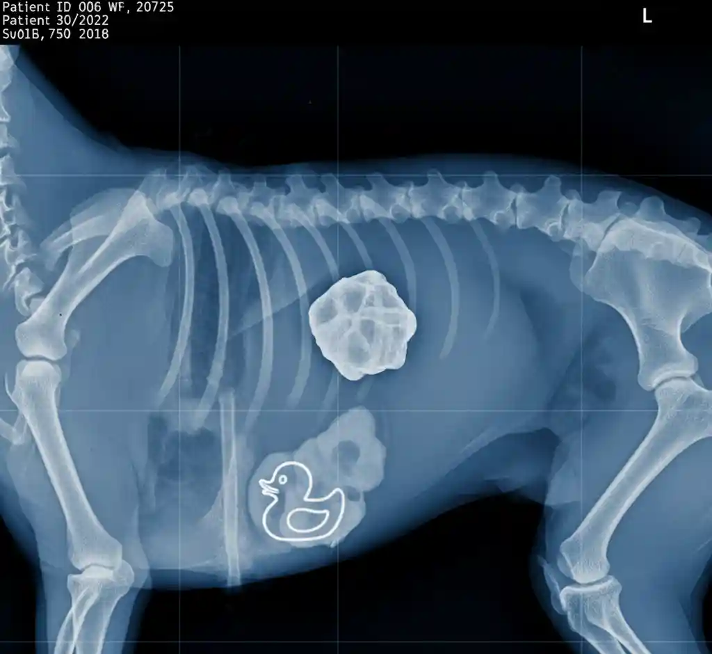 Veterinary X-ray showing an intestinal blockage in a dog caused by a foreign object.