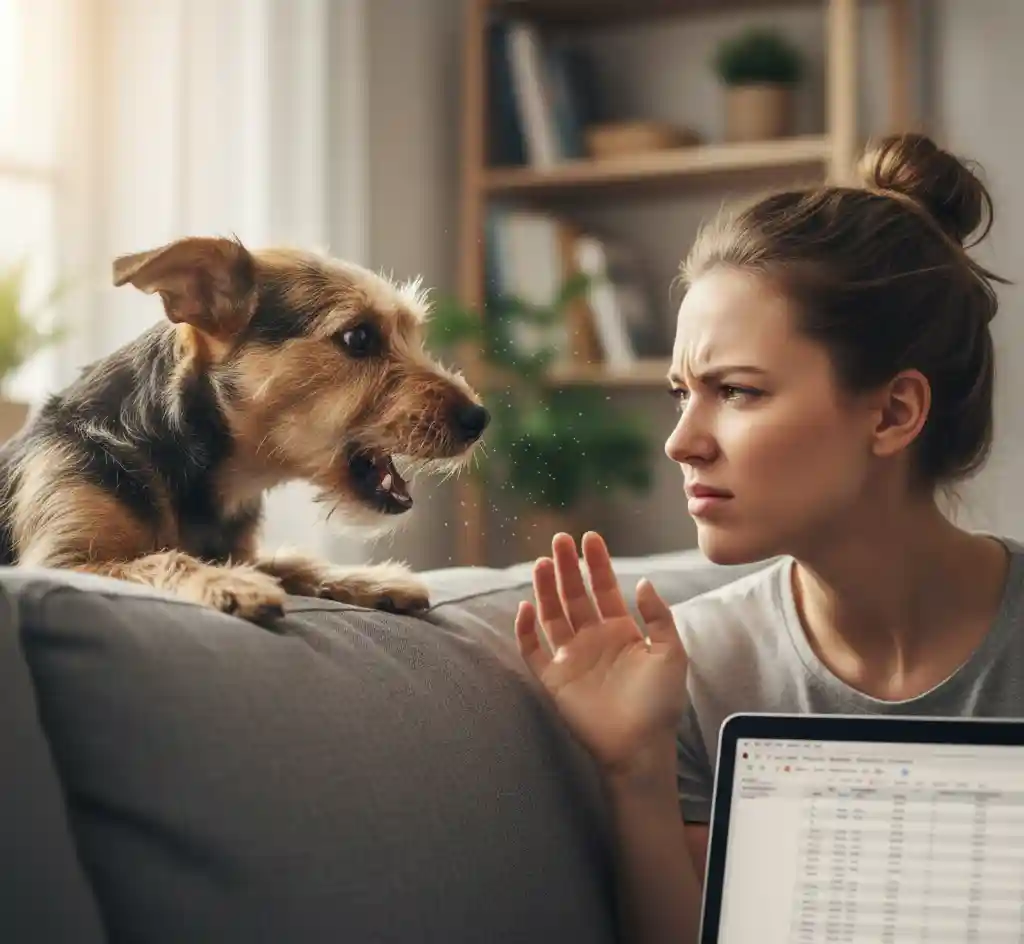 A dog exhibiting demand barking behavior, interrupting an owner who is working on a laptop.