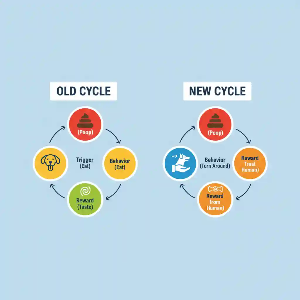 A diagram illustrating the positive reinforcement cycle to stop coprophagia in dogs.