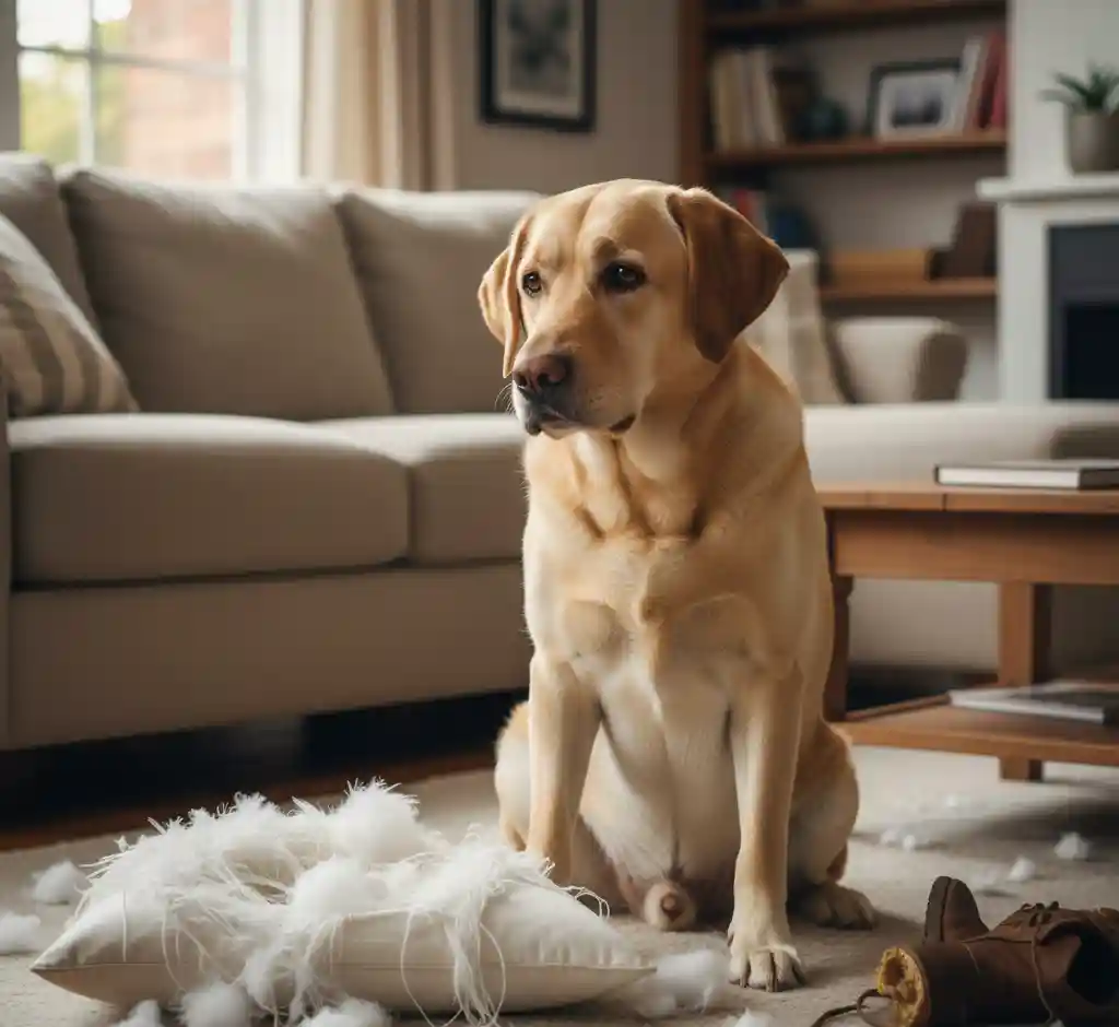 A dog sitting next to a destroyed shoe, illustrating the risk of foreign body ingestion and blockage.