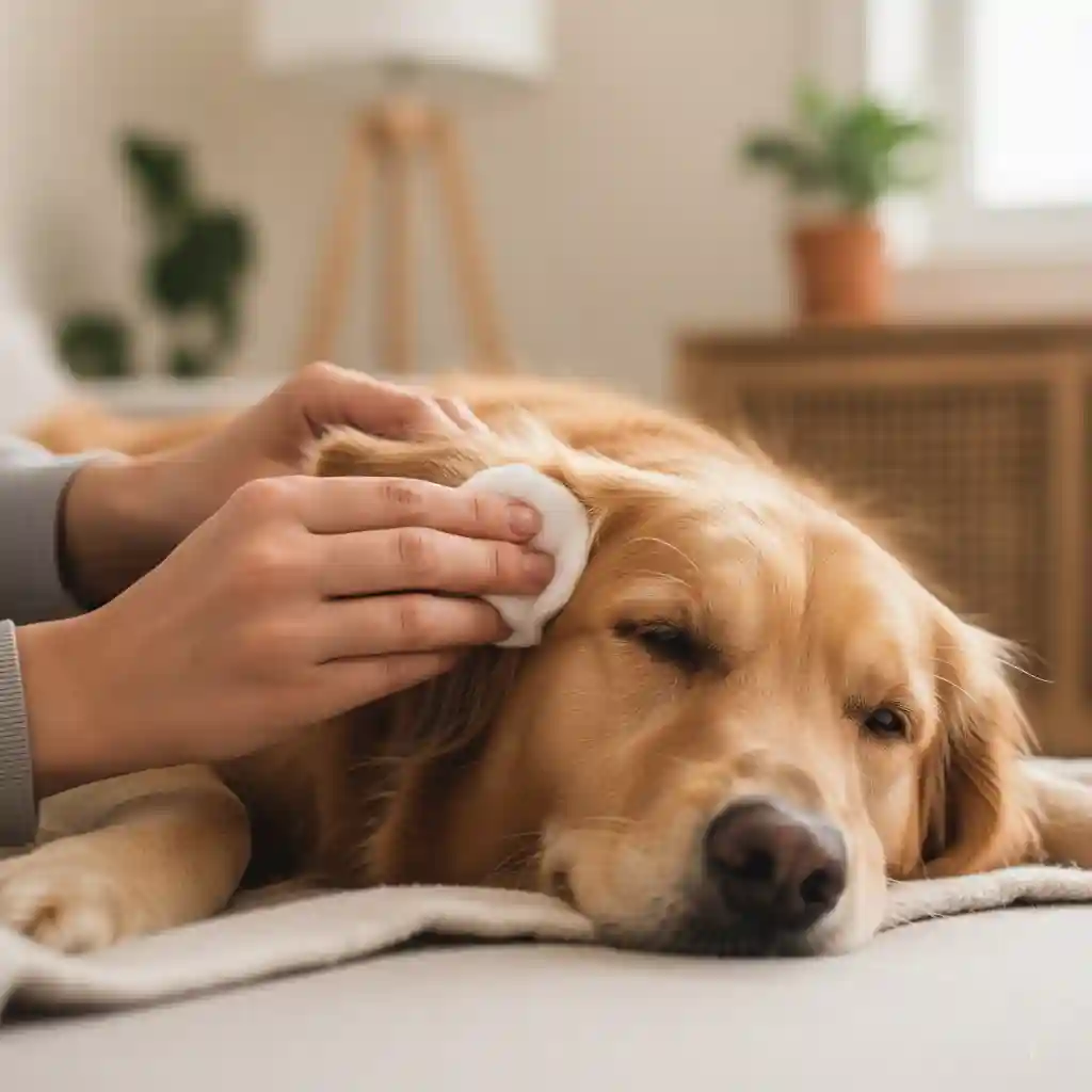 Gentle at-home ear cleaning for a dog using a safe ear cleaner.