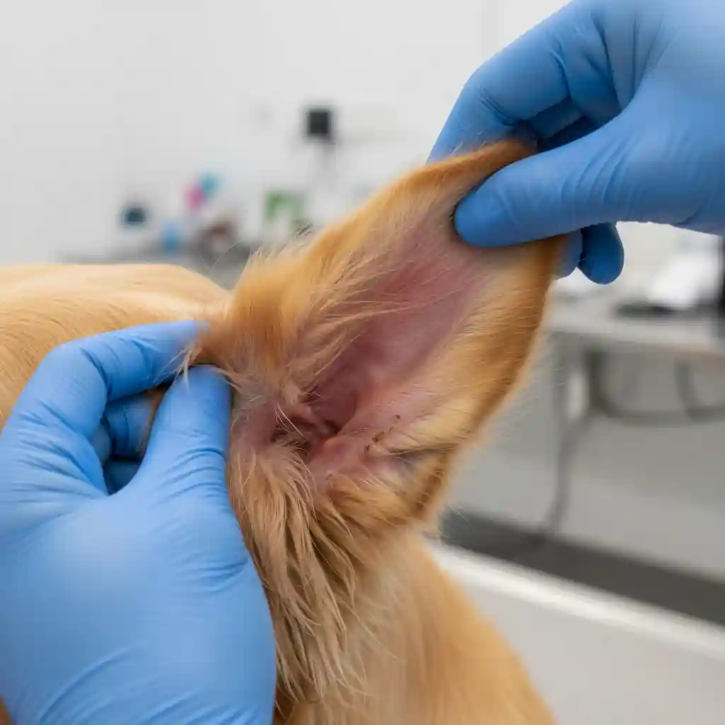 Close-up of a dog's ear showing inflammation and discharge, a common sign of infection.