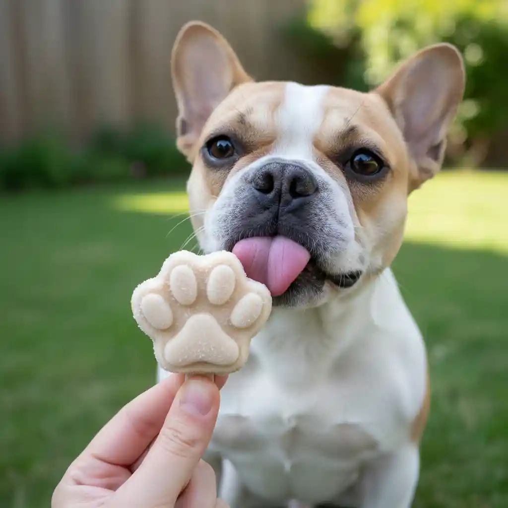 A French Bulldog enjoying a safe homemade peanut butter and yogurt frozen treat.