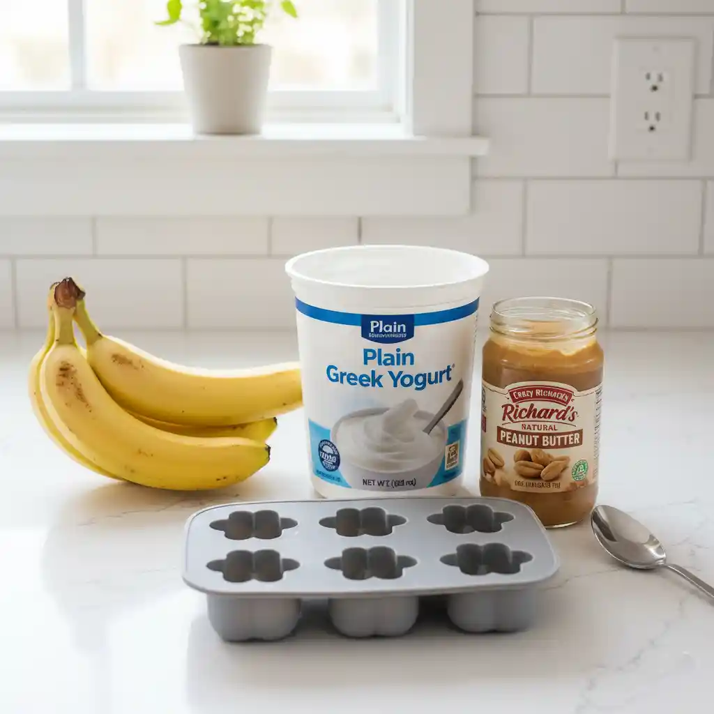 Ingredients for homemade dog ice cream including Greek yogurt, bananas, and peanut butter.