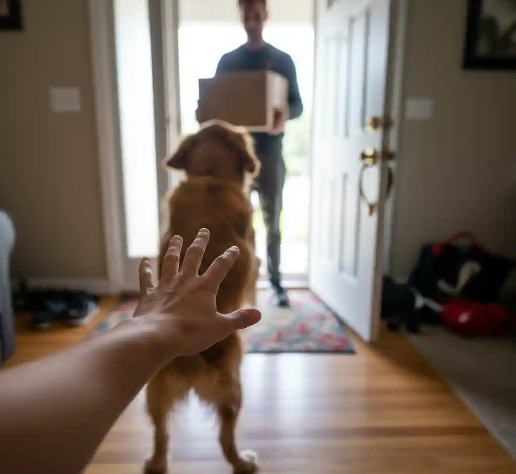 A dog barking and jumping at the front door when a guest arrives, illustrating doorbell reactivity.