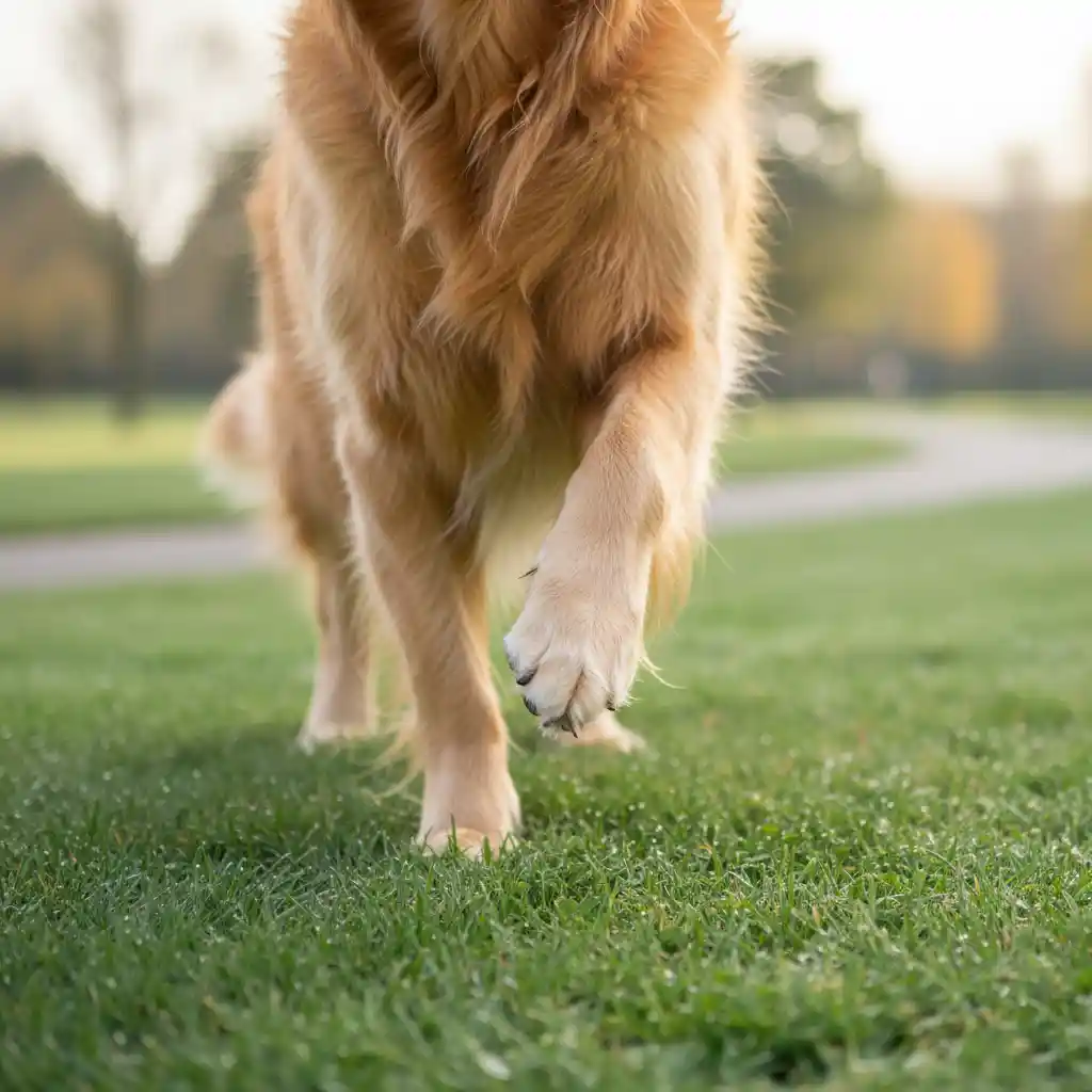 A dog holding up its back leg, indicating symptoms of a CCL or ACL tear injury.