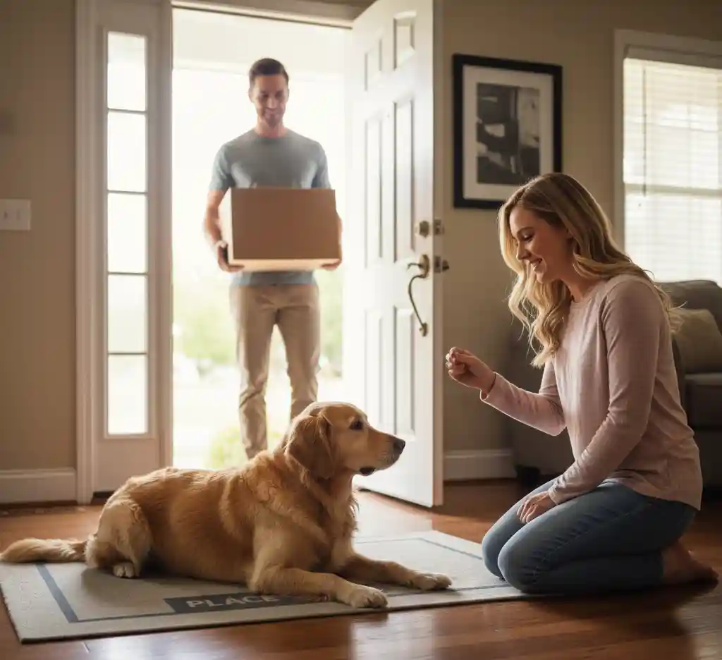 A trained dog staying on its bed (place command) while the front door is open.