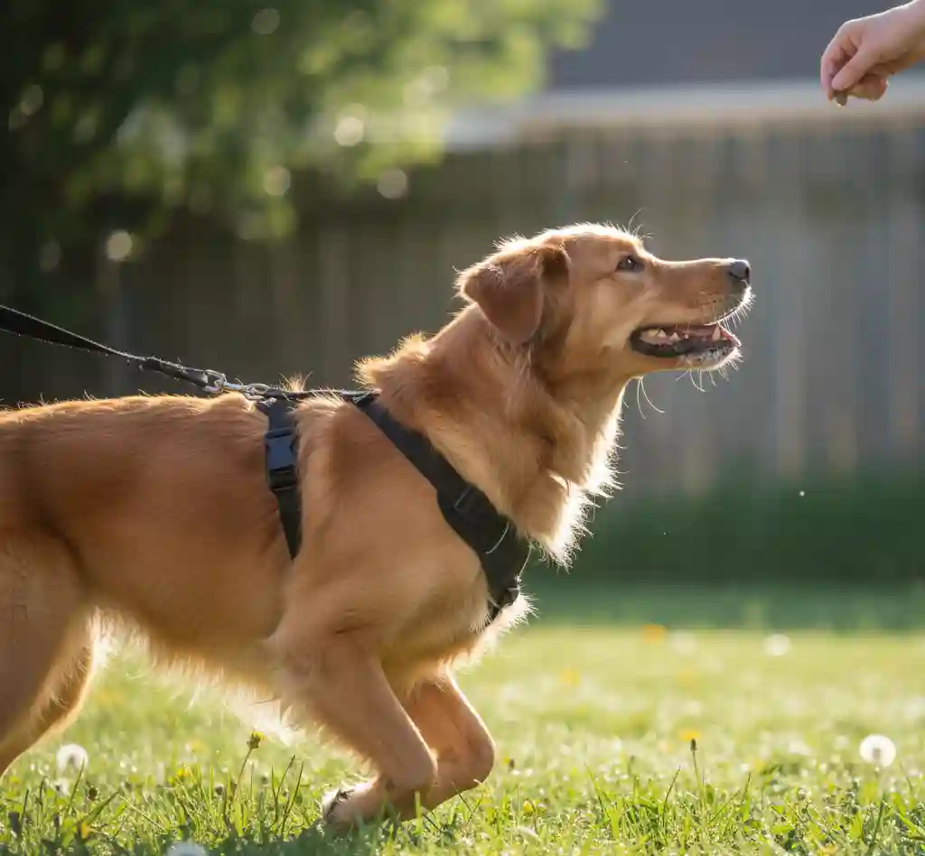 A trained dog looking at its owner for a reward instead of sniffing the ground during a potty break.