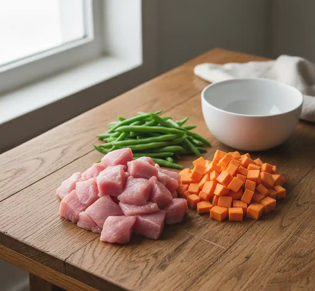 Fresh ingredients for homemade pet food including turkey and sweet potatoes.