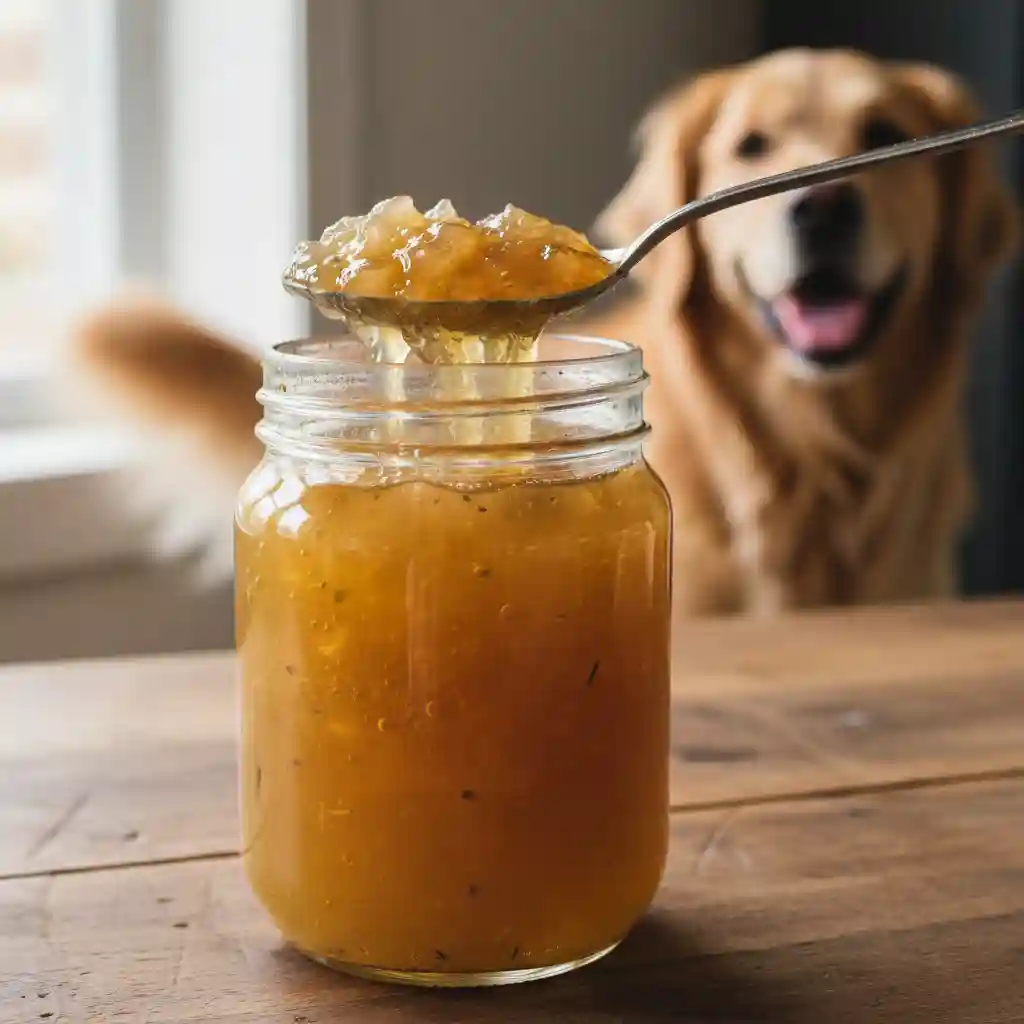 A jar of solidified, collagen-rich homemade bone broth for dogs showing the jelly texture.